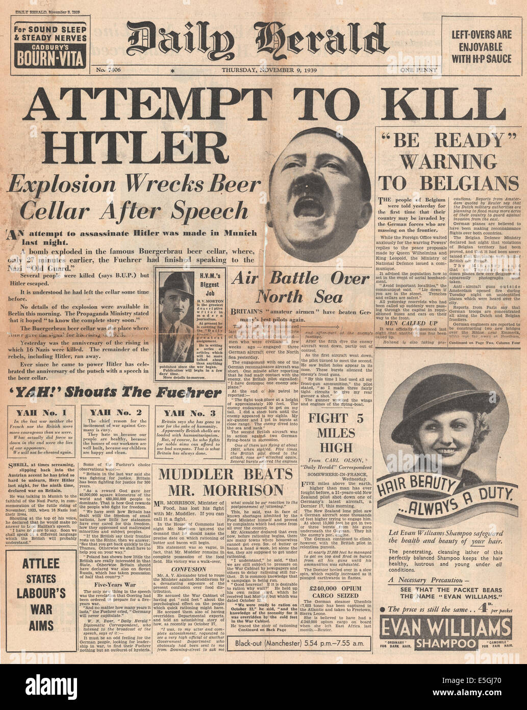 1939 Daily Herald/la page déclaration tentative d'assassinat sur Adolf Hitler à la Bürgerbräukeller de Munich par Johann Georg Elser Banque D'Images