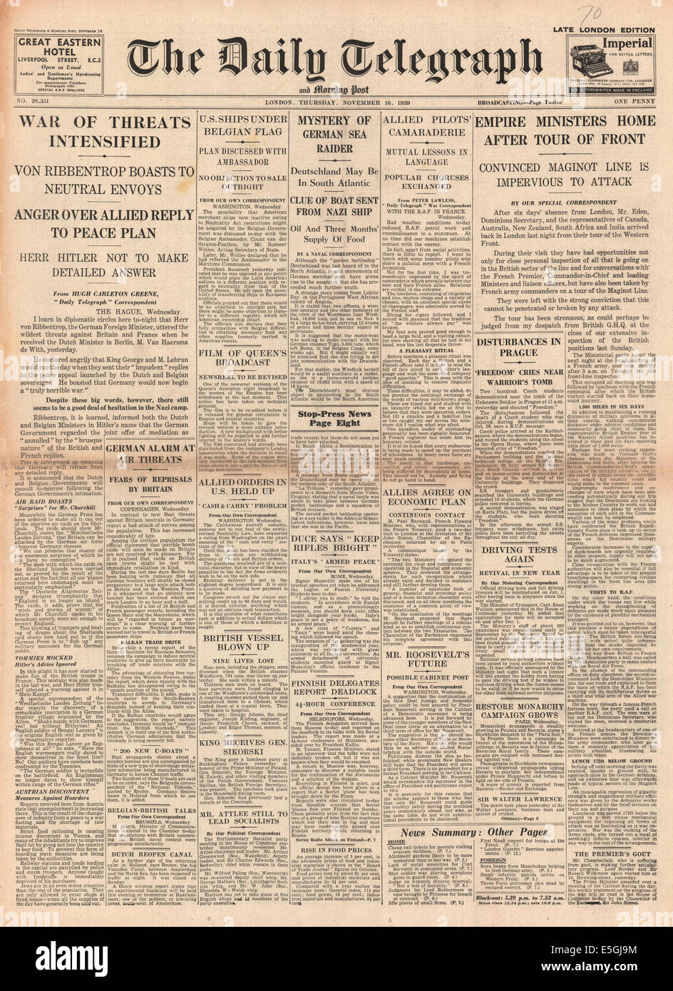 1939 Daily Telegraph/la page déclaration menace allemande s'intensifie dans un discours prononcé par le Ministre des affaires étrangères Joachim von Ribbentrop Banque D'Images