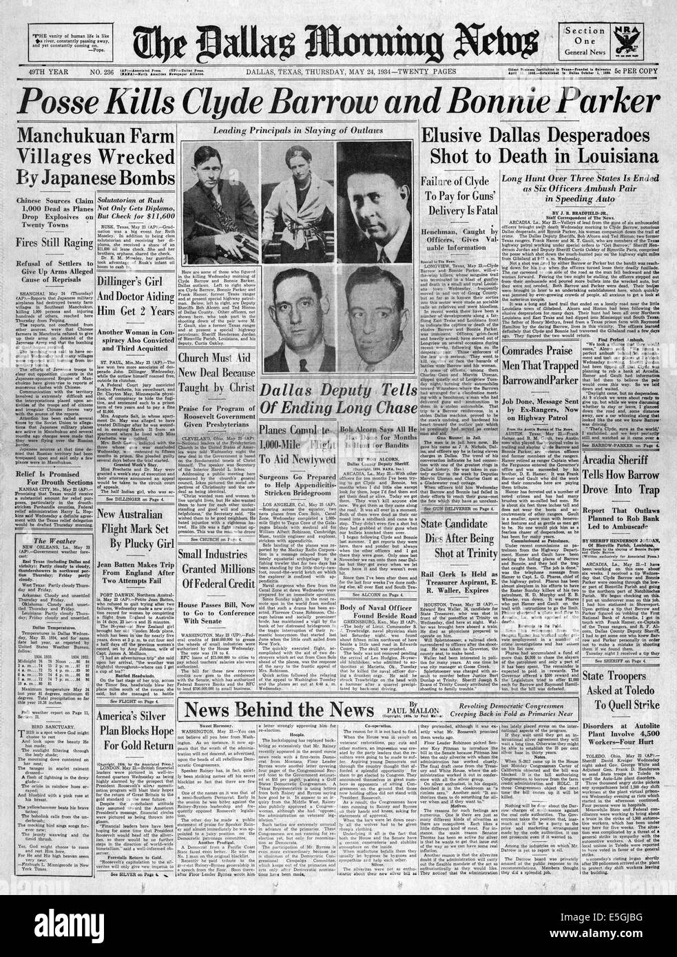 1934 Dallas Morning News (USA) page de rapport sur le décès de Bonnie et Clyde Banque D'Images
