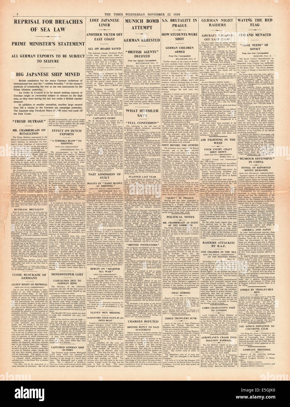 La fois la page 8 présentation de rapports de Terukuni Maru japonais après avoir frappé les puits de mine allemand, allemand des représailles dans Prague et arrestations après une tentative d'assassinat sur Hitler Asdolf Banque D'Images