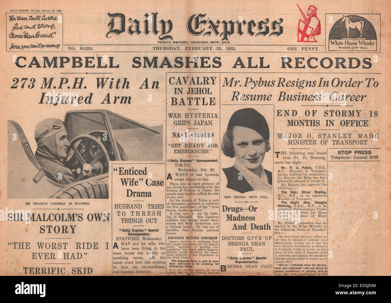 1933 Daily Express/la page déclaration Sir Malcolm Campbell se casse land speed record dans sa voiture Bluebird à Daytona Beach Banque D'Images