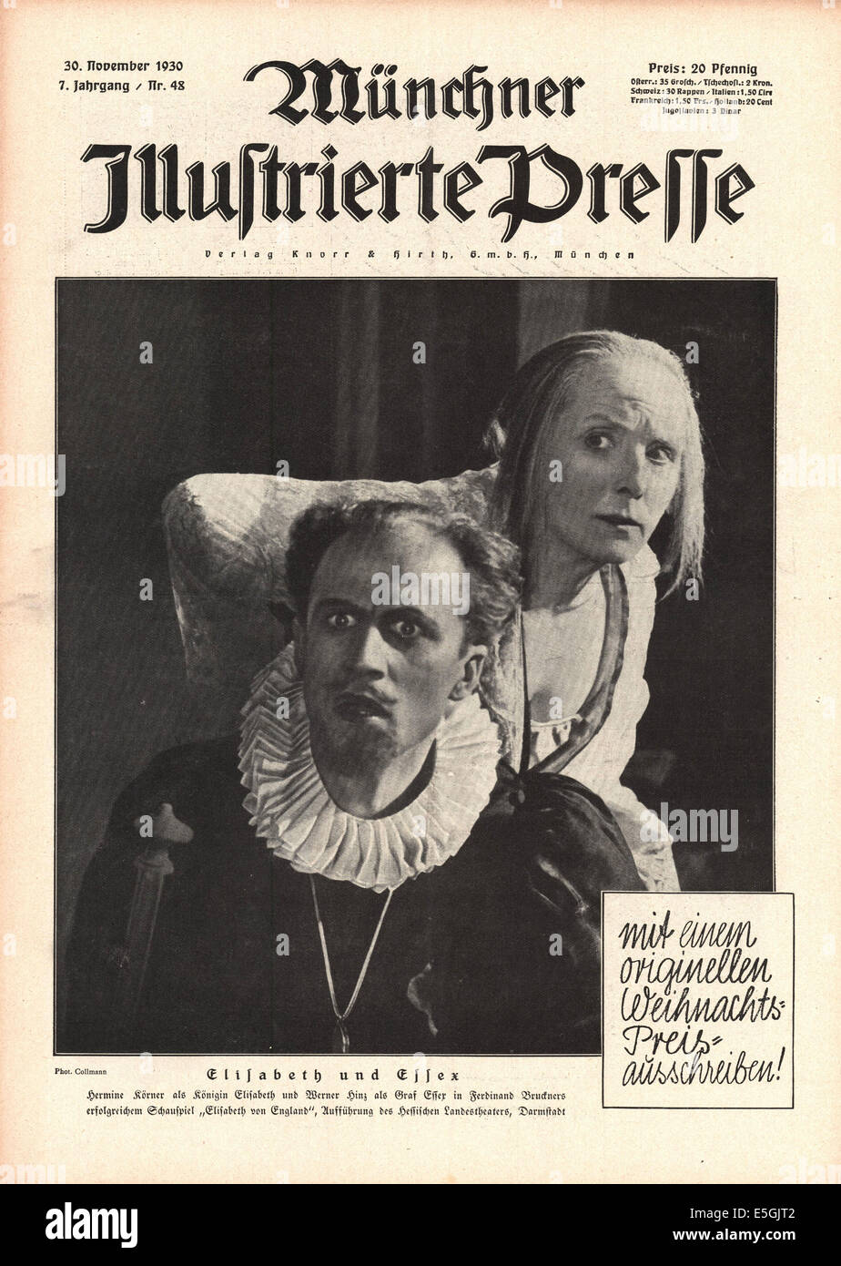 1930 Münchner Illustrierte Presse (Allemagne) de la couverture de l'actrice allemande Hermine Körner et acteur allemand Werner Hinz dans une scène de la jouer Elizabeth of England Banque D'Images