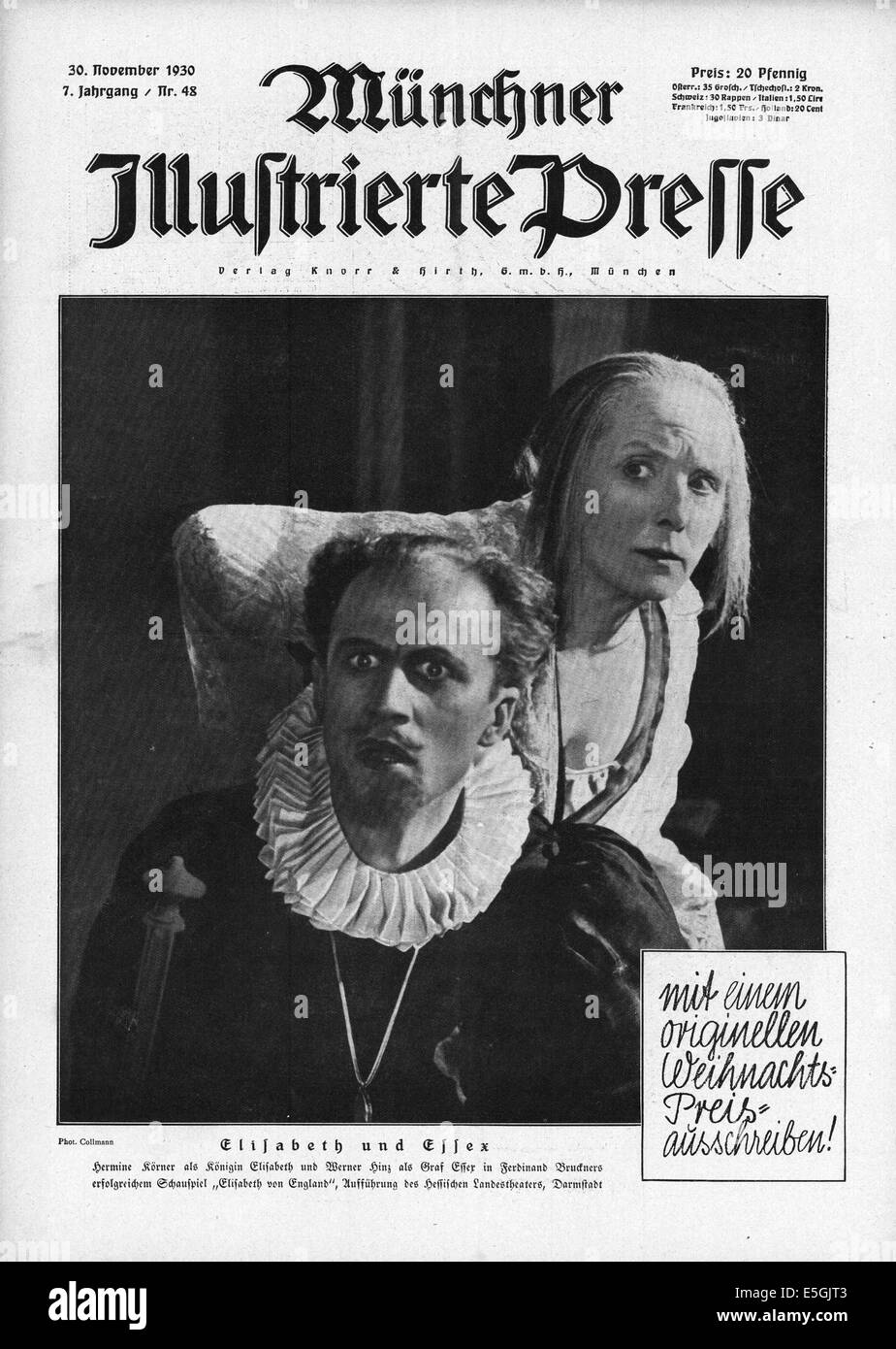 1930 Münchner Illustrierte Presse (Allemagne) de la couverture de l'actrice allemande Hermine Körner et acteur allemand Werner Hinz dans une scène de la jouer Elizabeth of England Banque D'Images