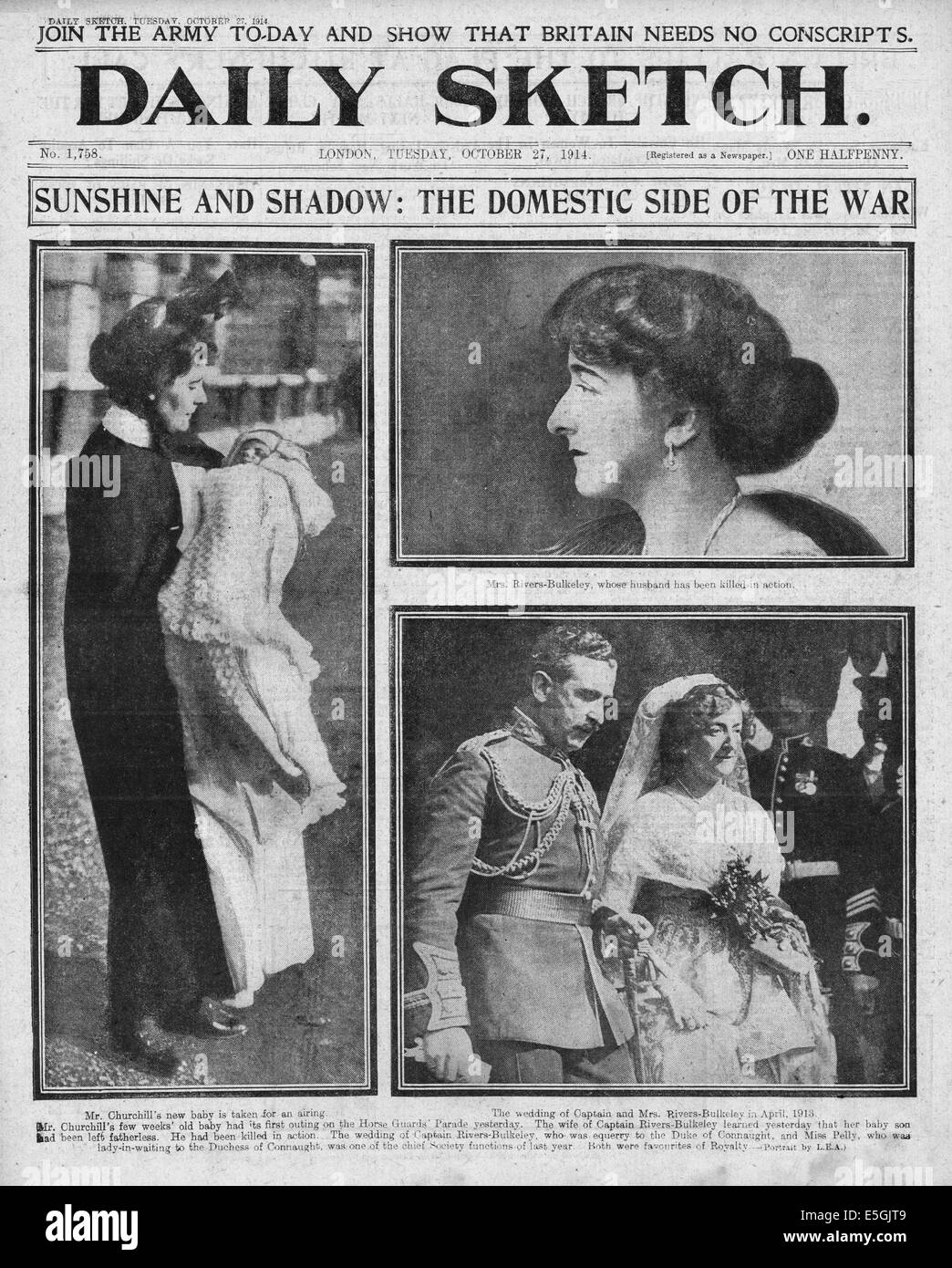 1914 Daily Sketch/la page déclaration Winston Churchill's baby fille Sarah et la mort du Capitaine Rivers-Bulkeley, tué en action Banque D'Images