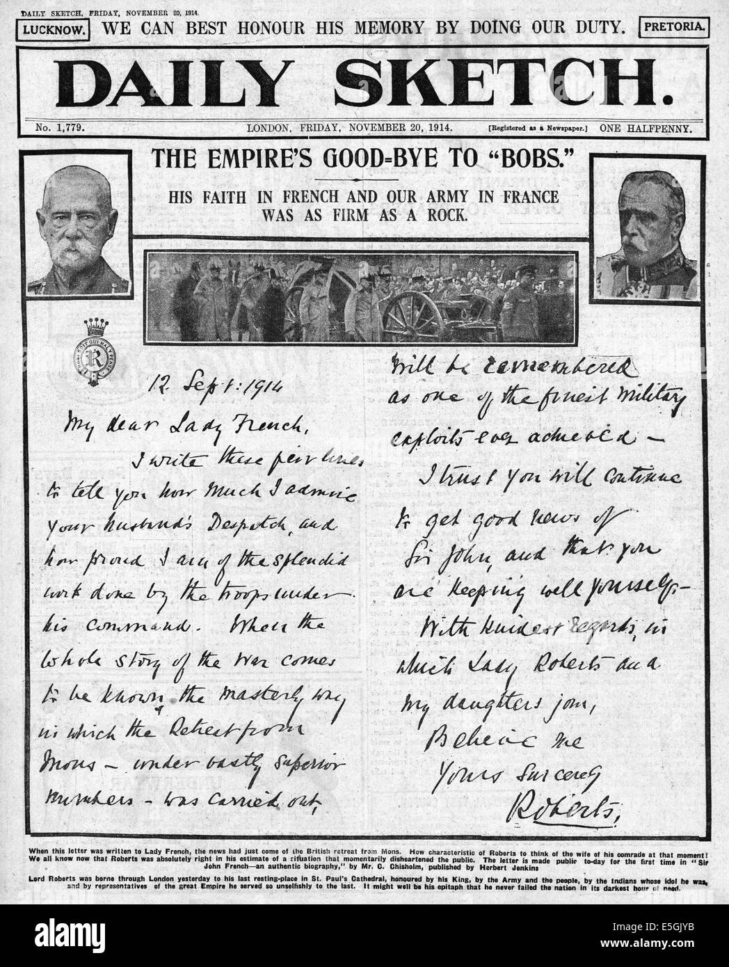 1914 Daily Sketch page montrant une lettre de Lord Roberts à Lady French Banque D'Images