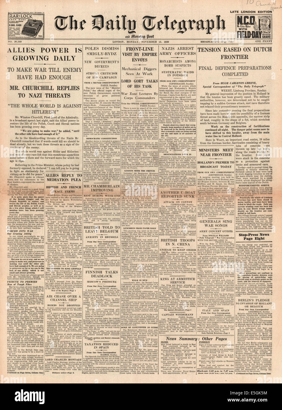 1939 Daily Telegraph rapports front page discours de Winston Churchill "puissance alliée' croissante Banque D'Images