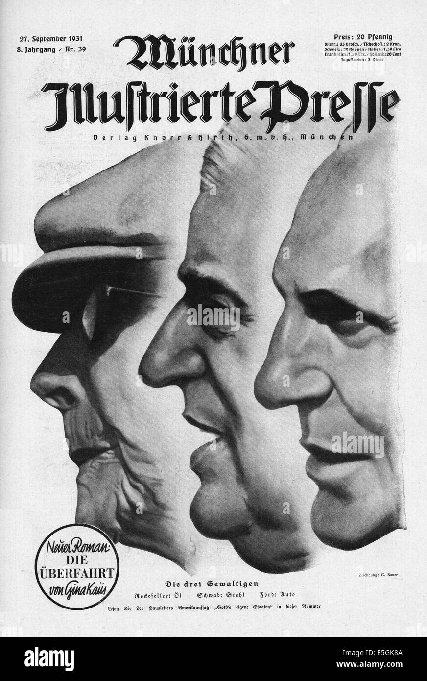 1931 Münchner Illustrierte Presse (Allemagne) capot avant les images de 'Les trois pouvoirs' Rockefeller : huile, Schwab : Acier et Ford : Automobiles Banque D'Images