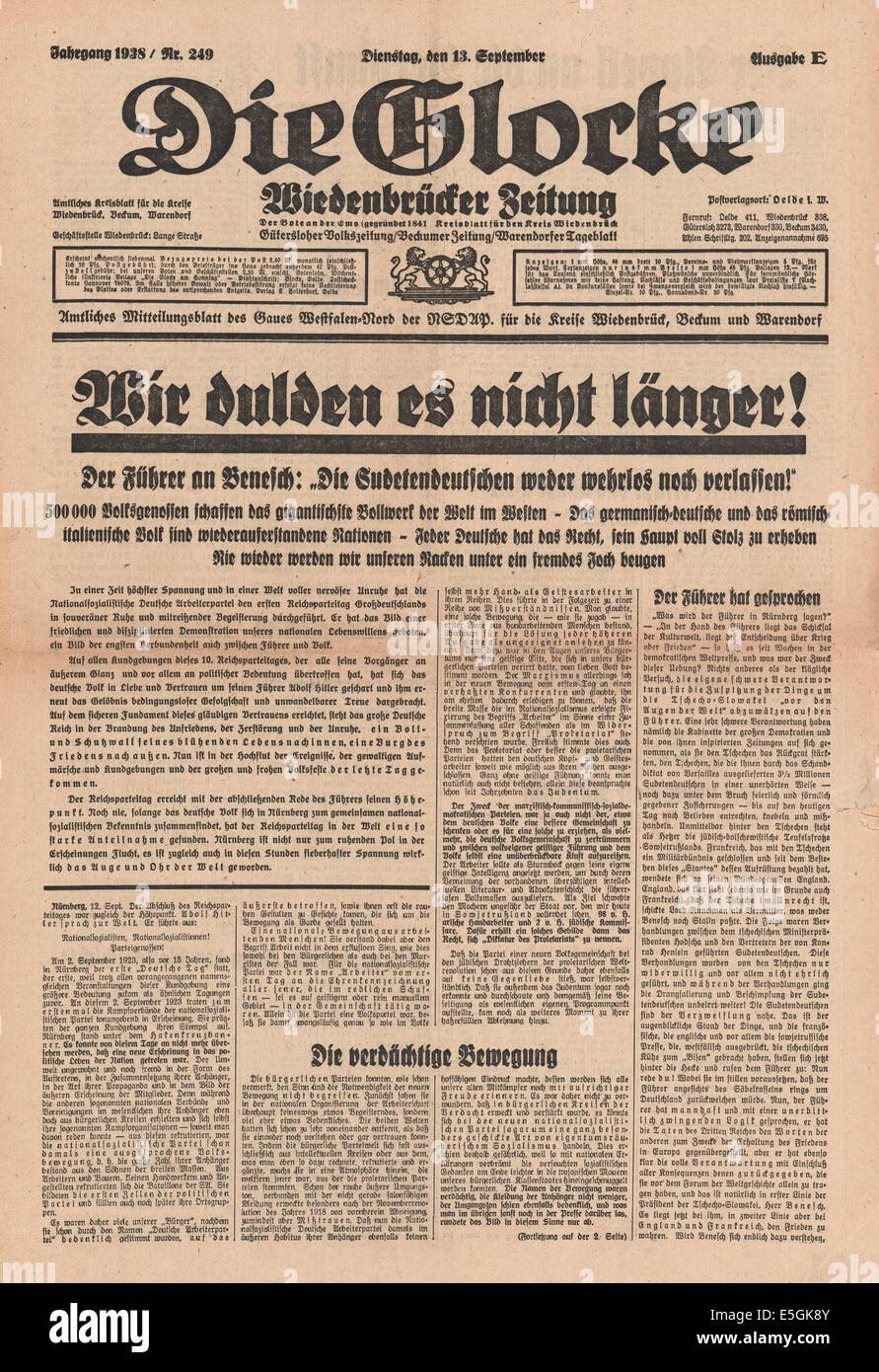 Die Glocke (Allemagne)/la page déclaration d'Adolf Hitler discours à l'Sudètes demandant au chef tchèque Edvard Beneš que la situation des Sudètes ne sera plus toléré Banque D'Images