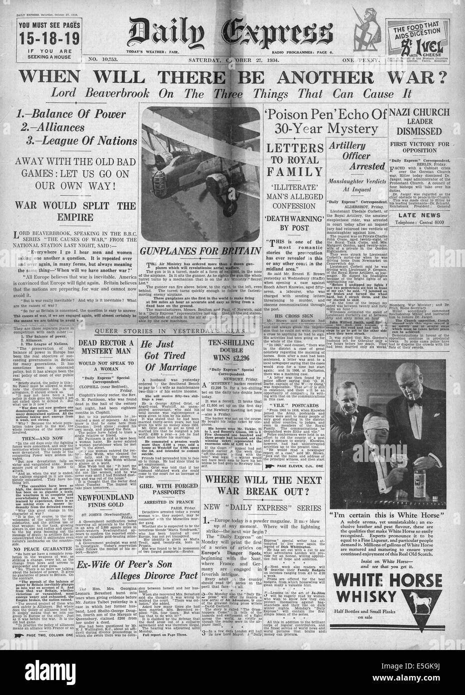 1934 Daily Express du journal 'Quand est-ce qu'il y aura une autre guerre' ? Banque D'Images