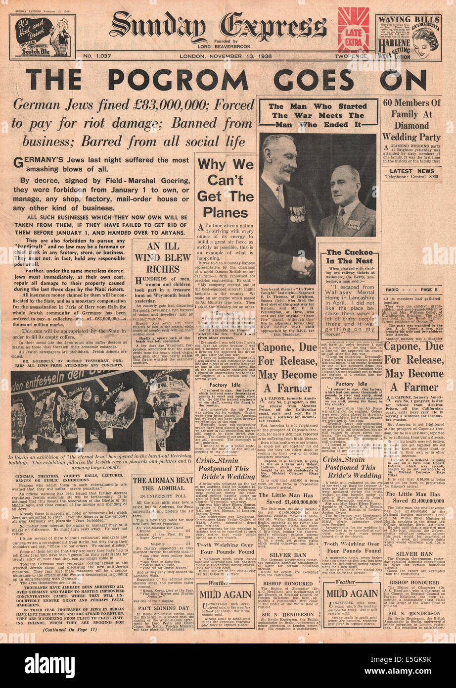 1938 Sunday Express première page de déclaration nouveaux lois juives anti introduit en Allemagne Banque D'Images