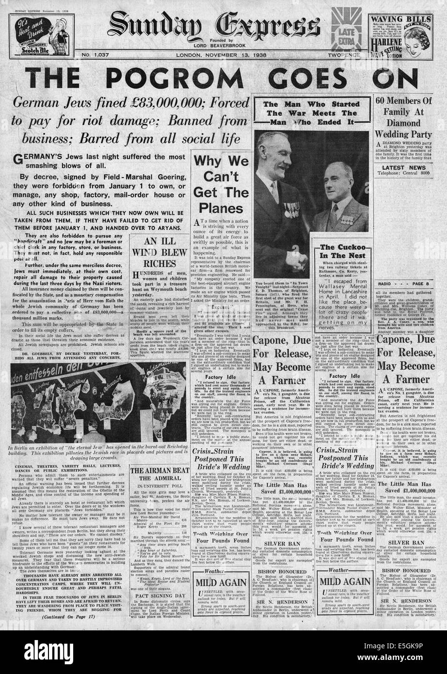 1938 Sunday Express première page de déclaration nouveaux lois juives anti introduit en Allemagne Banque D'Images