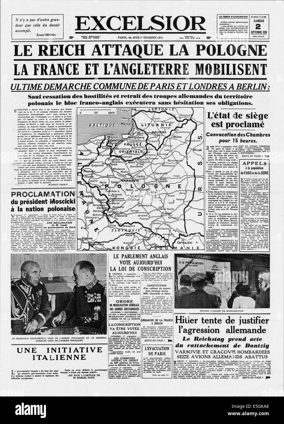 1939 Excelsior (France) front page reporting Danzig se déclare pendant l'invasion allemande de la Pologne Banque D'Images