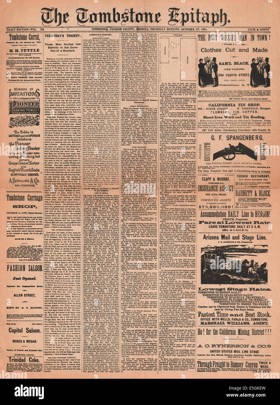 Tombstone Epitaph 1881 page avant la fusillade de rapport à l'O.K.Corral entre les frères Earp, Doc Holliday et les Clanton et McLaury brothers Banque D'Images