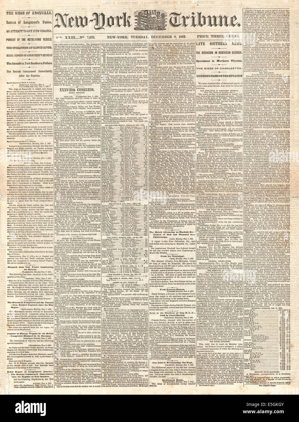 1863 New York Tribune/la page Déclaration du siège de Knoxville, lors de la guerre de Sécession Banque D'Images