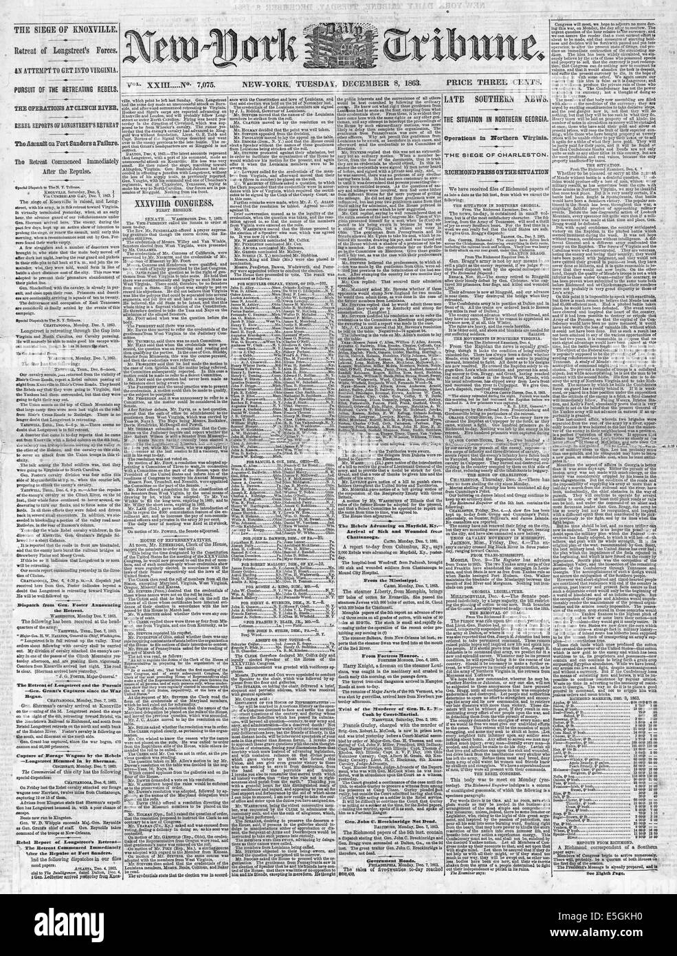1863 New York Tribune/la page Déclaration du siège de Knoxville, lors de la guerre de Sécession Banque D'Images