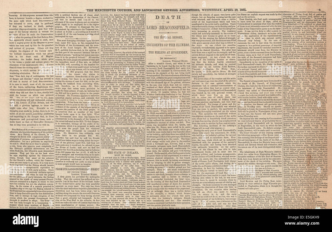 1881 Le Manchester Courier page 5 signalé la mort de l'ancien Premier ministre britannique Benjamin Disraeli, comte Beaconsfield Banque D'Images