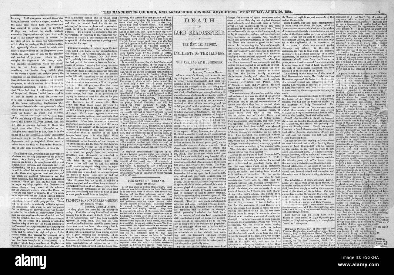1881 Le Manchester Courier page 5 signalé la mort de l'ancien Premier ministre britannique Benjamin Disraeli, comte Beaconsfield Banque D'Images