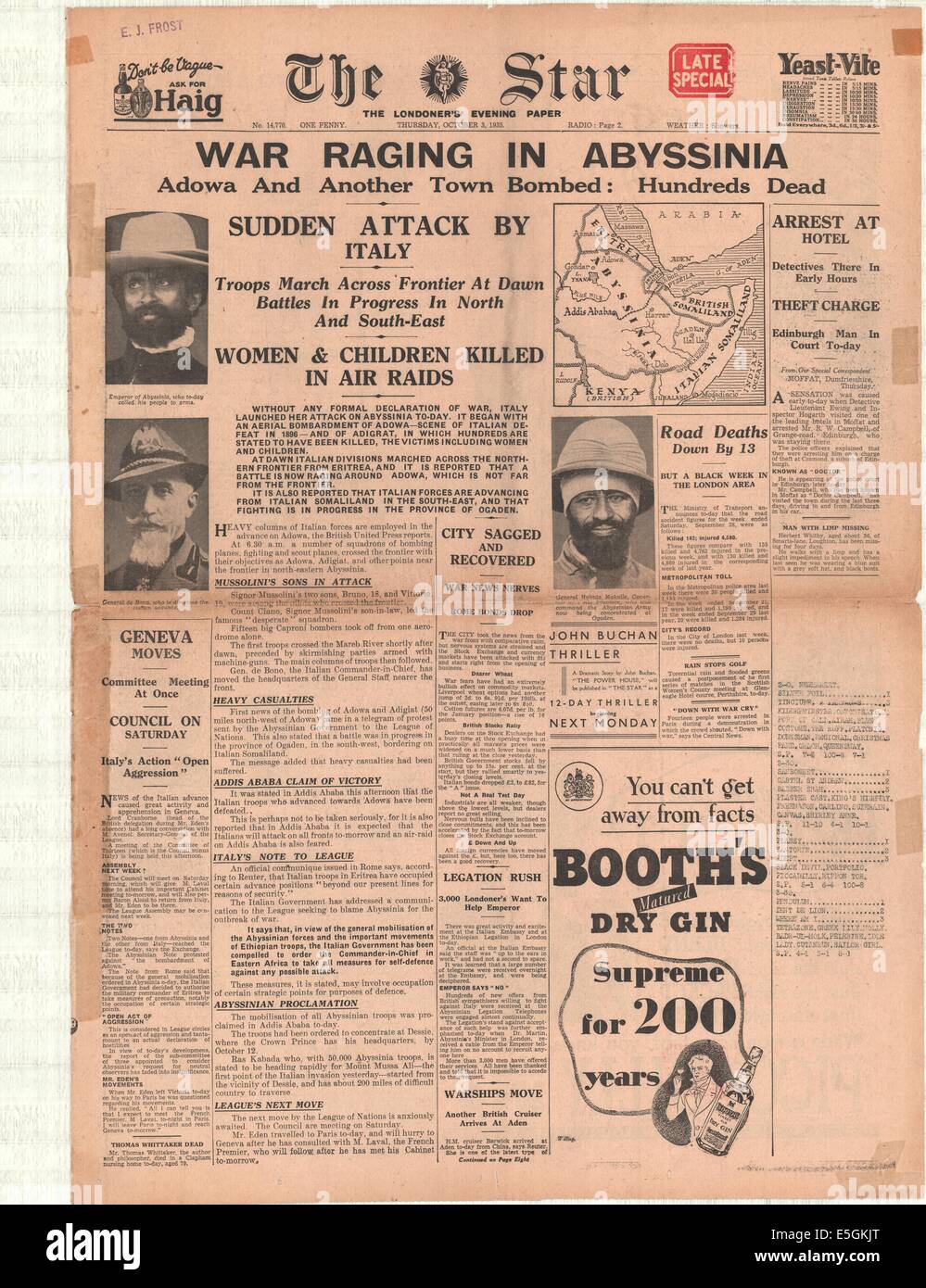 1935 L'Étoile (Londres) la page déclaration avant les forces italiennes envahissent l'Éthiopie Banque D'Images