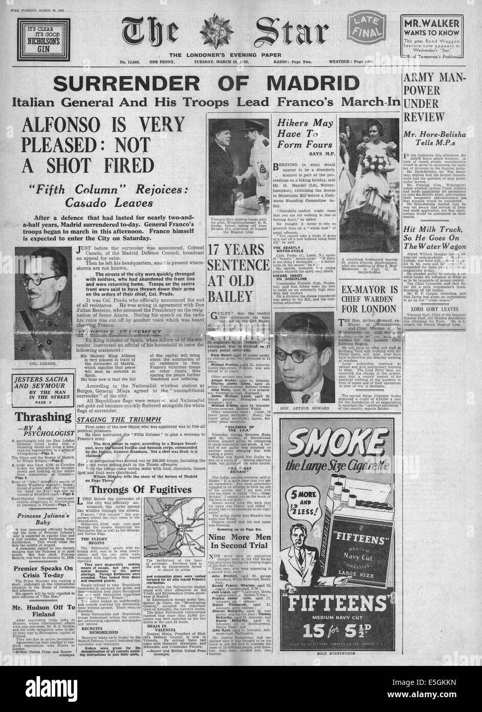 1939 L'Étoile (Londres) ) page avant la remise de rapports de Madrid pendant la guerre civile espagnole Banque D'Images
