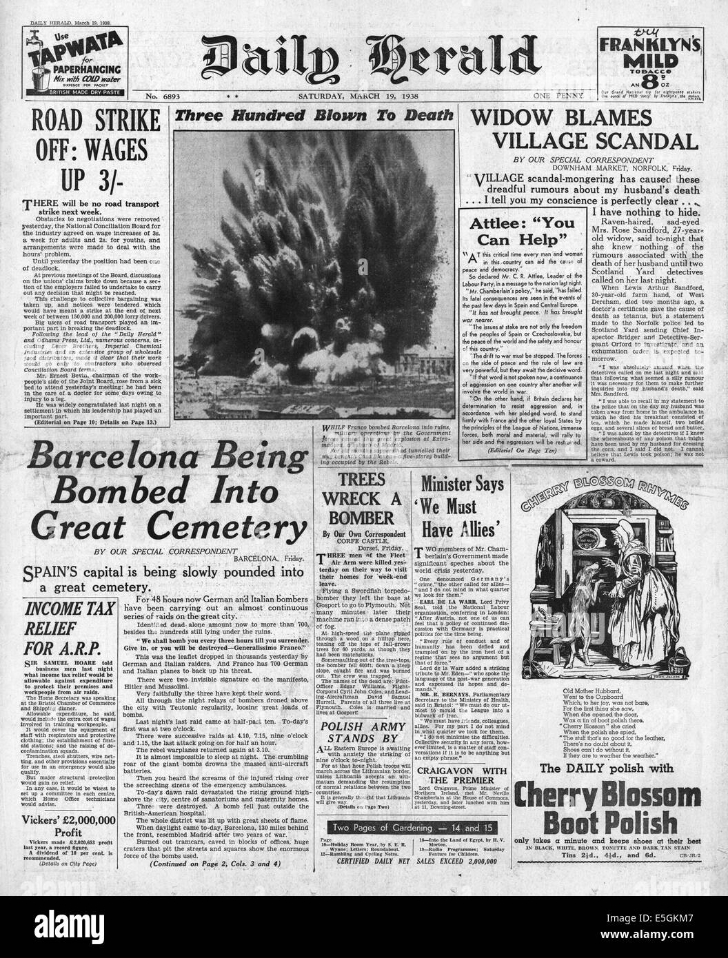1938 Daily Herald page avant le bombardement de rapports de Barcelone pendant la guerre civile espagnole par l'Armée de l'air italienne et Luftwaffe allemande Banque D'Images