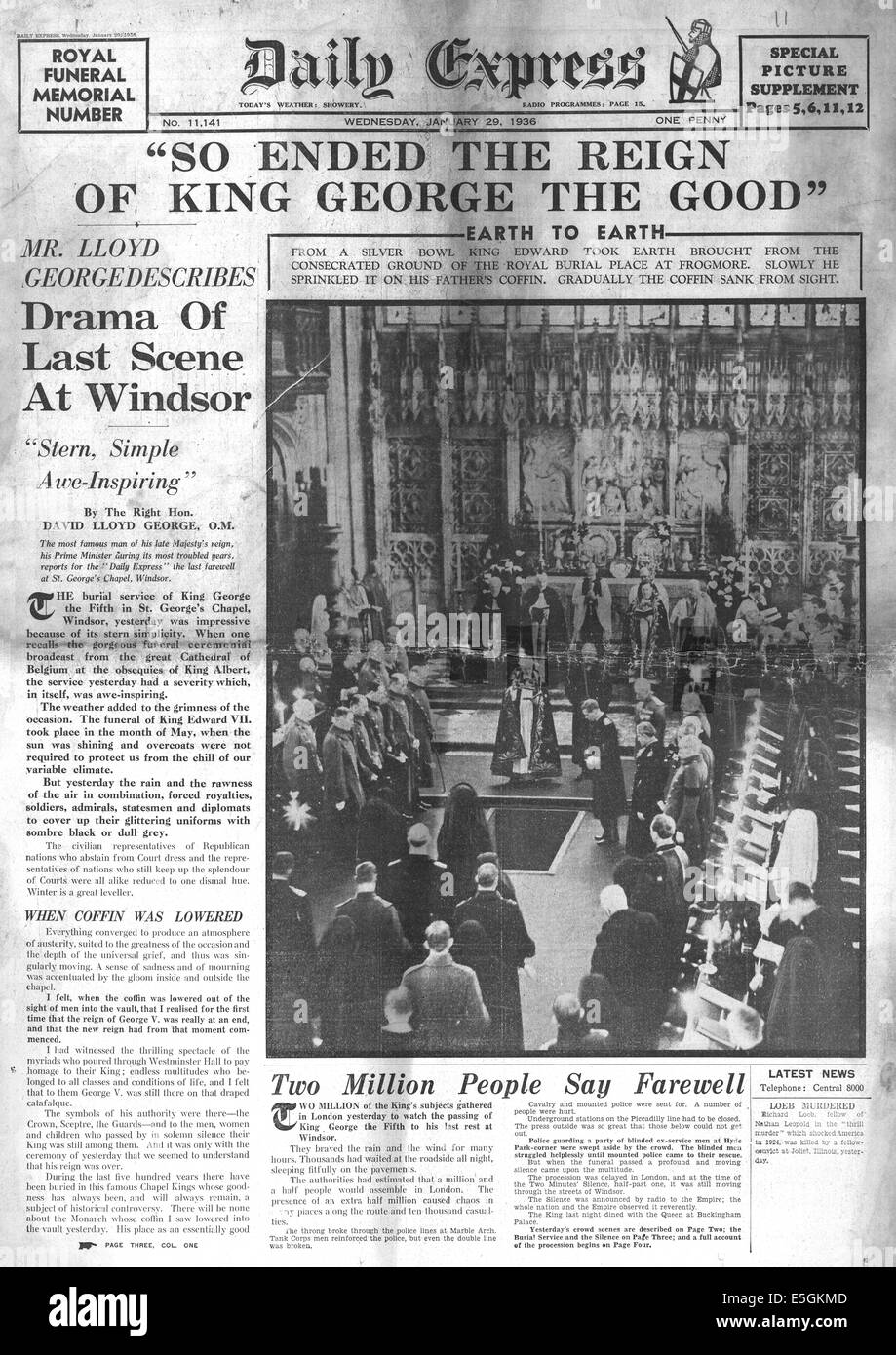 1936 Daily Express/la page déclaration les funérailles du roi George V Banque D'Images