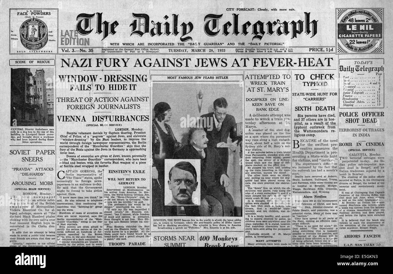 1933 Daily Telegraph (Sydney) front page anti rapports actions juive en Allemagne Banque D'Images