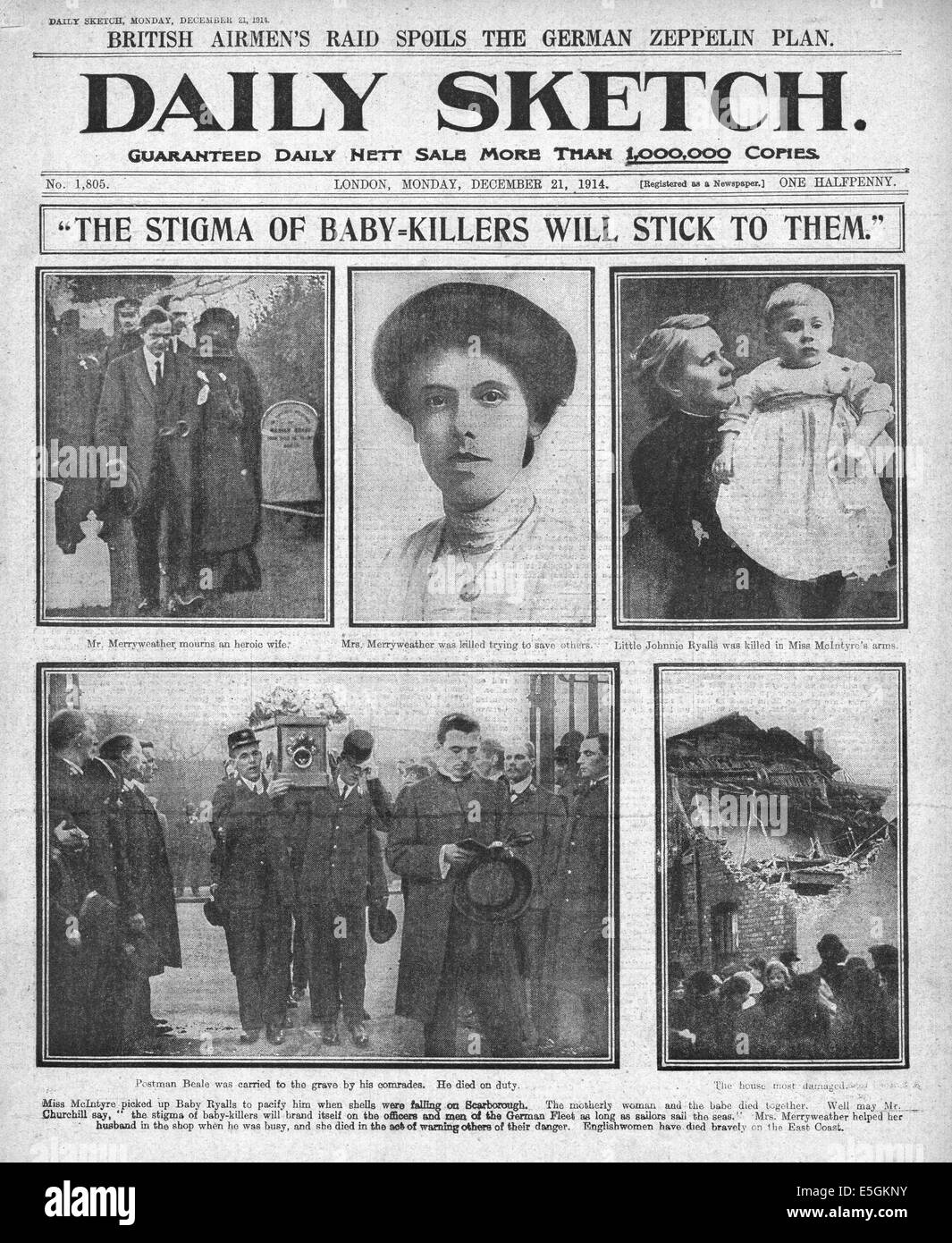 1914 Daily Sketch page avant les funérailles de déclaration des victimes de bombardement naval allemand de Scarborough, Whitby & Hartlepool Banque D'Images