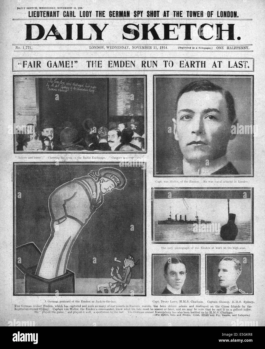 1914 Daily Sketch/la page déclaration l'échouage de l'allemand à Dresde SMS Emden classe cruiser off îles Cocos Banque D'Images