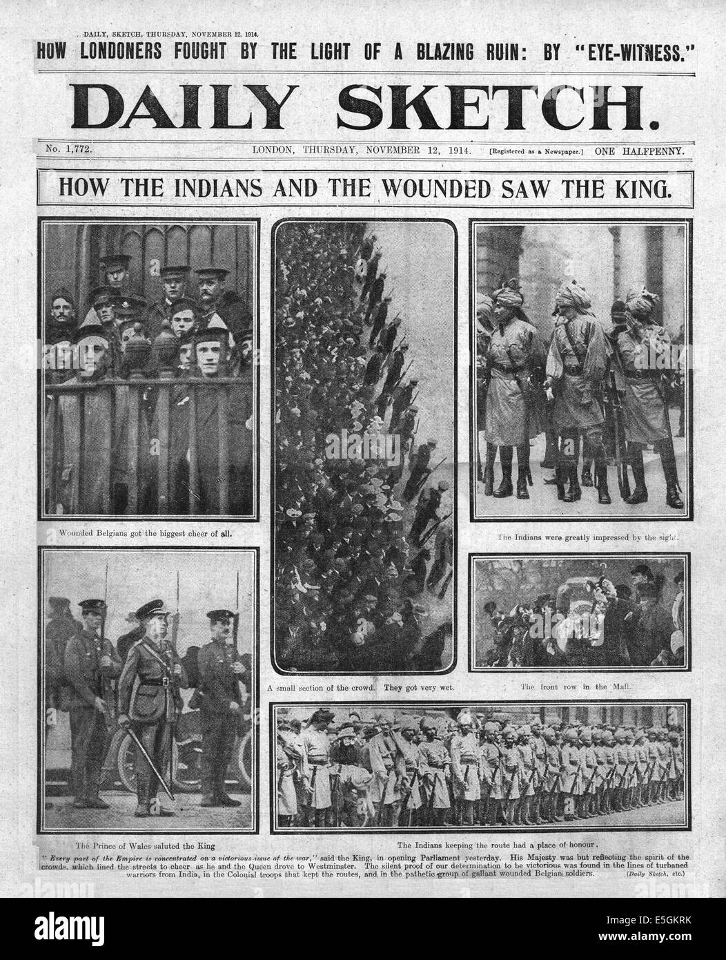 1914 Daily Sketch page avant les troupes indiennes sur le défilé de l'État ouverture du Parlement à Londres Banque D'Images