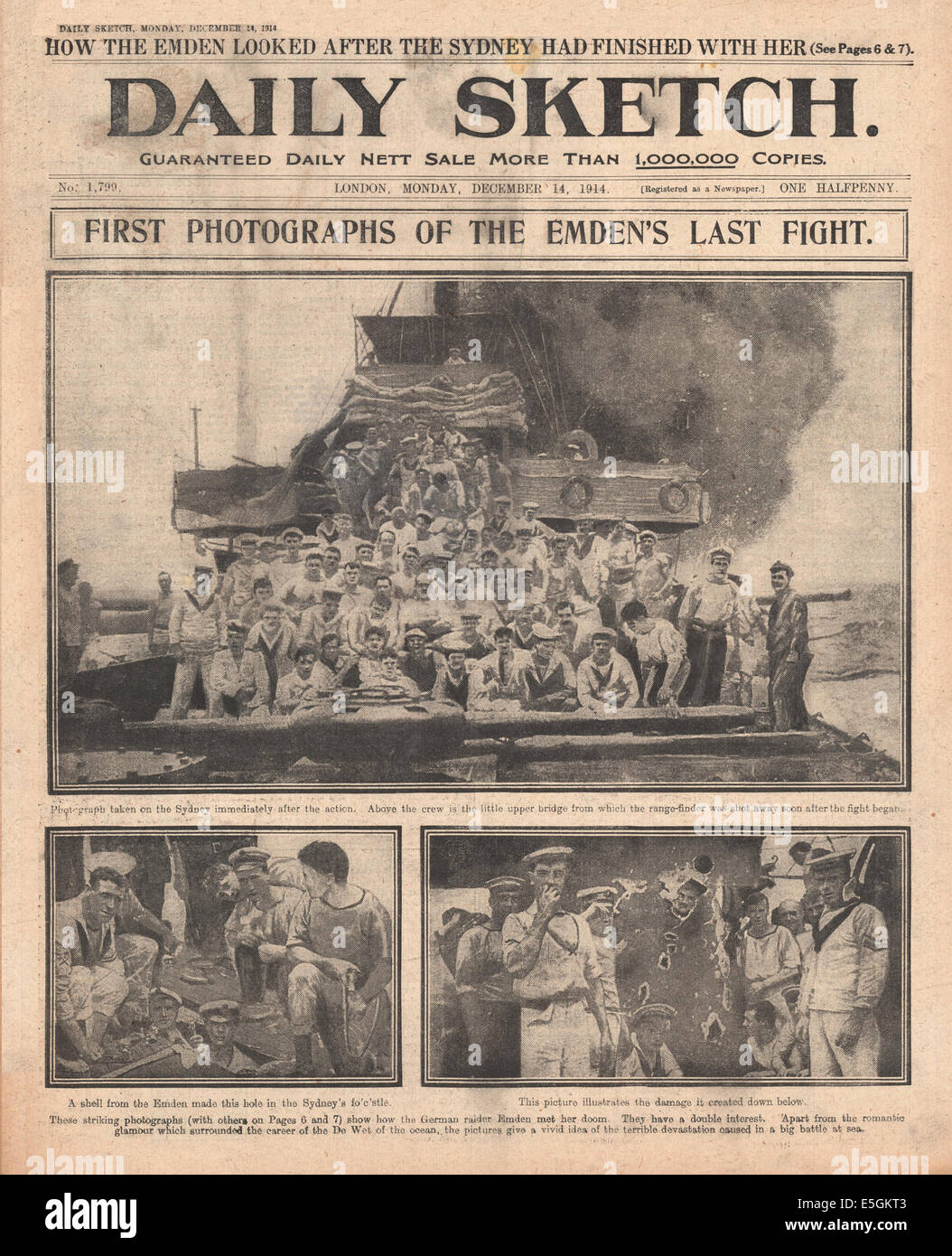 1914 Daily Sketch page montrant les membres de l'équipage du HMAS Sydney, ce qui a forcé l'Allemand Dresden-class cruiser SMS Emden de s'échouer au large des îles Cocos Banque D'Images
