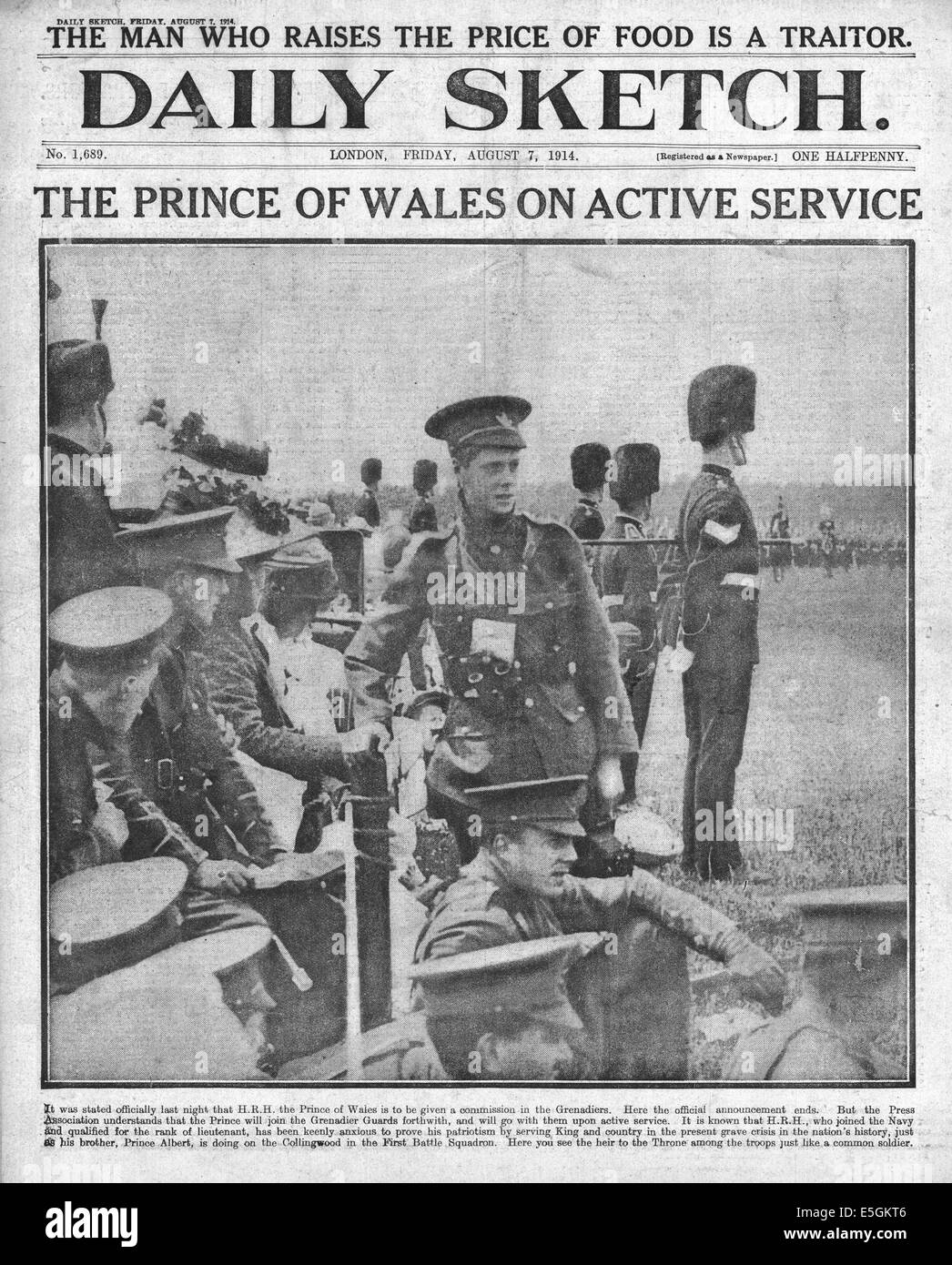 1914 Daily Sketch/la page déclaration Prince de Galles en service actif Banque D'Images