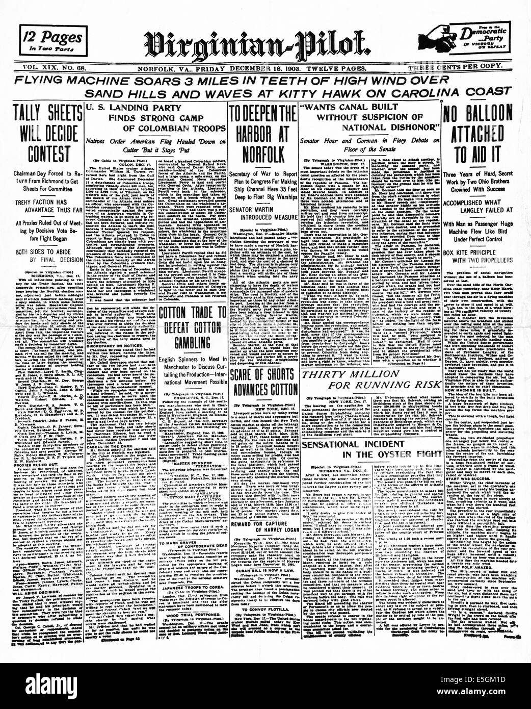 1903 Virginian Pilot page avant le premier vol de rapports par les frères Wright, près de Kitty Hawk, Caroline du Nord Banque D'Images