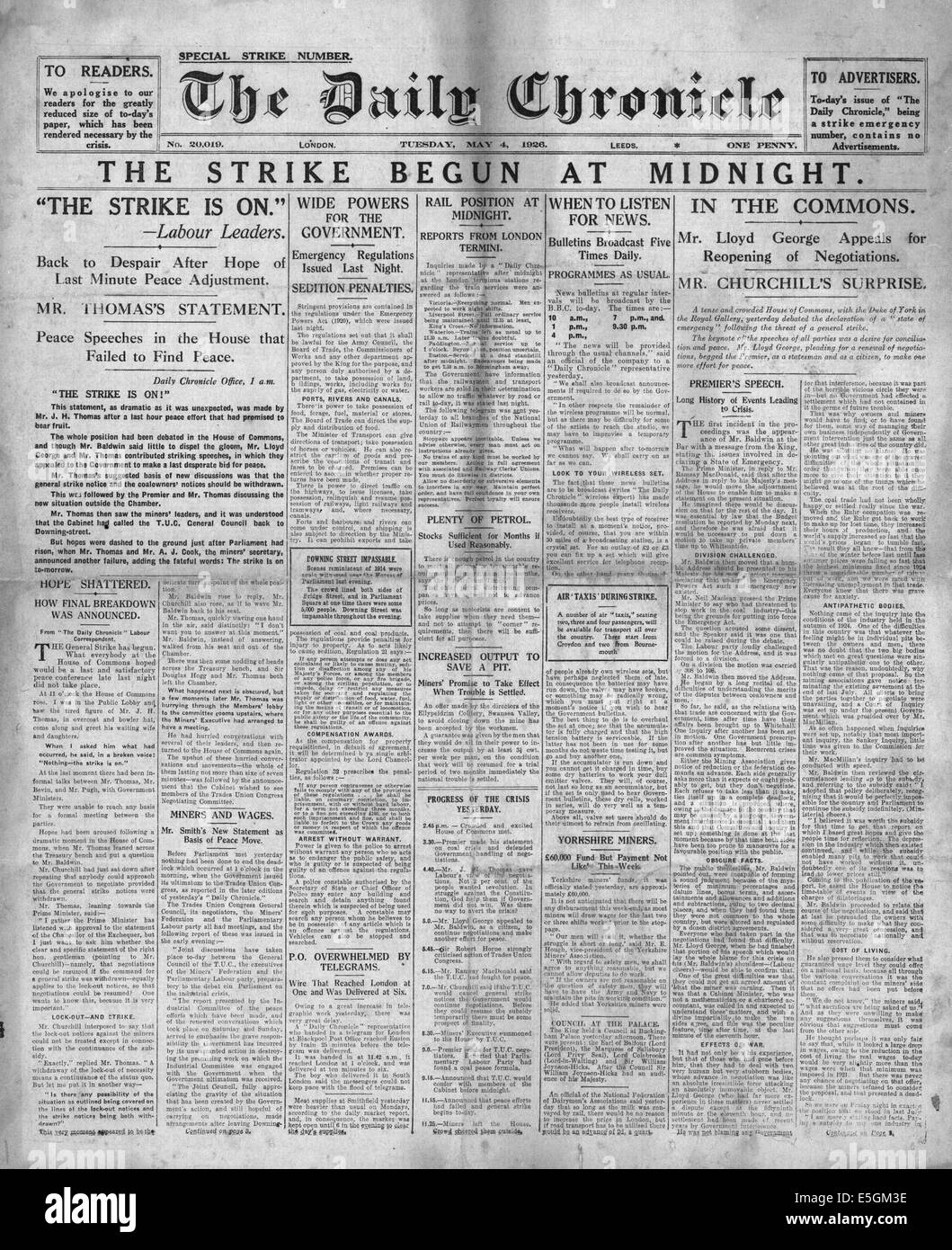 1926 La chronique quotidienne de rapports page avant le début de la Grève Générale Banque D'Images