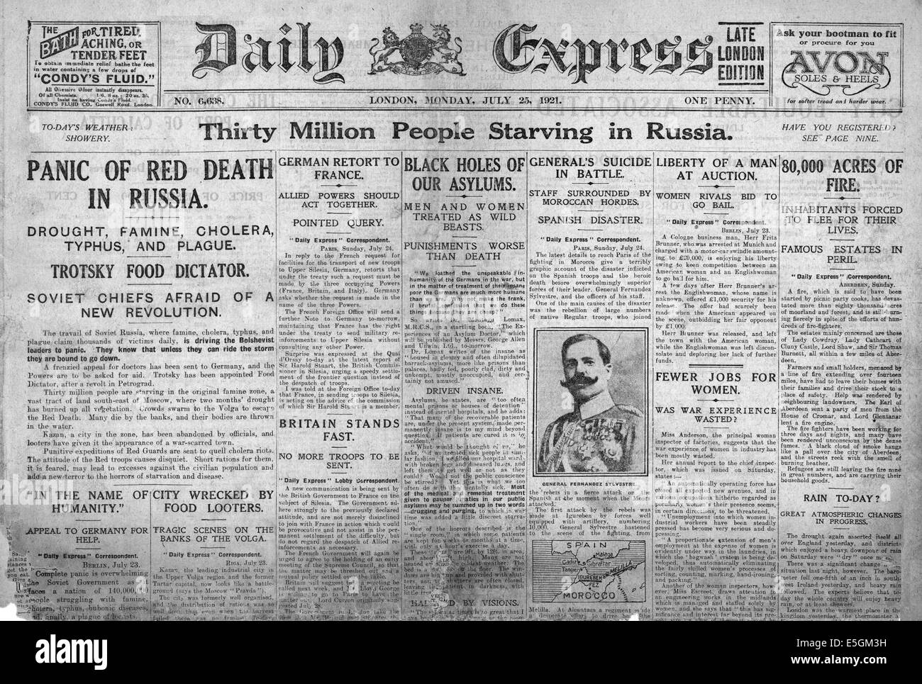 1921 Daily Express page avant la déclaration de la famine en Russie Banque D'Images