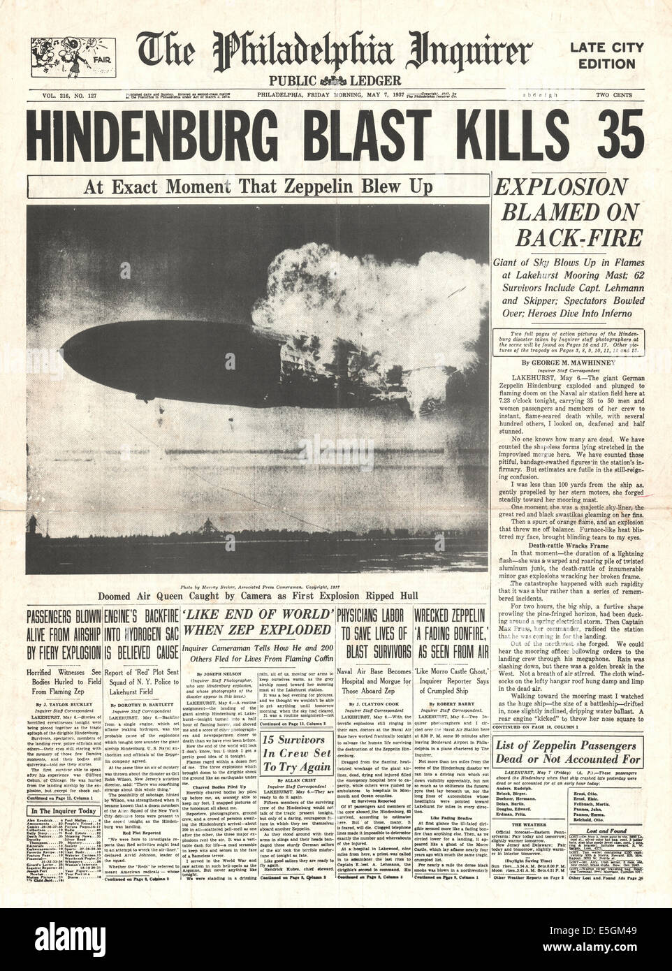 1937 Philadelphia Inquirer (USA) page d'information financière les zeppelin Hindenburg catastrophe de Lakehurst, New Jersey Banque D'Images