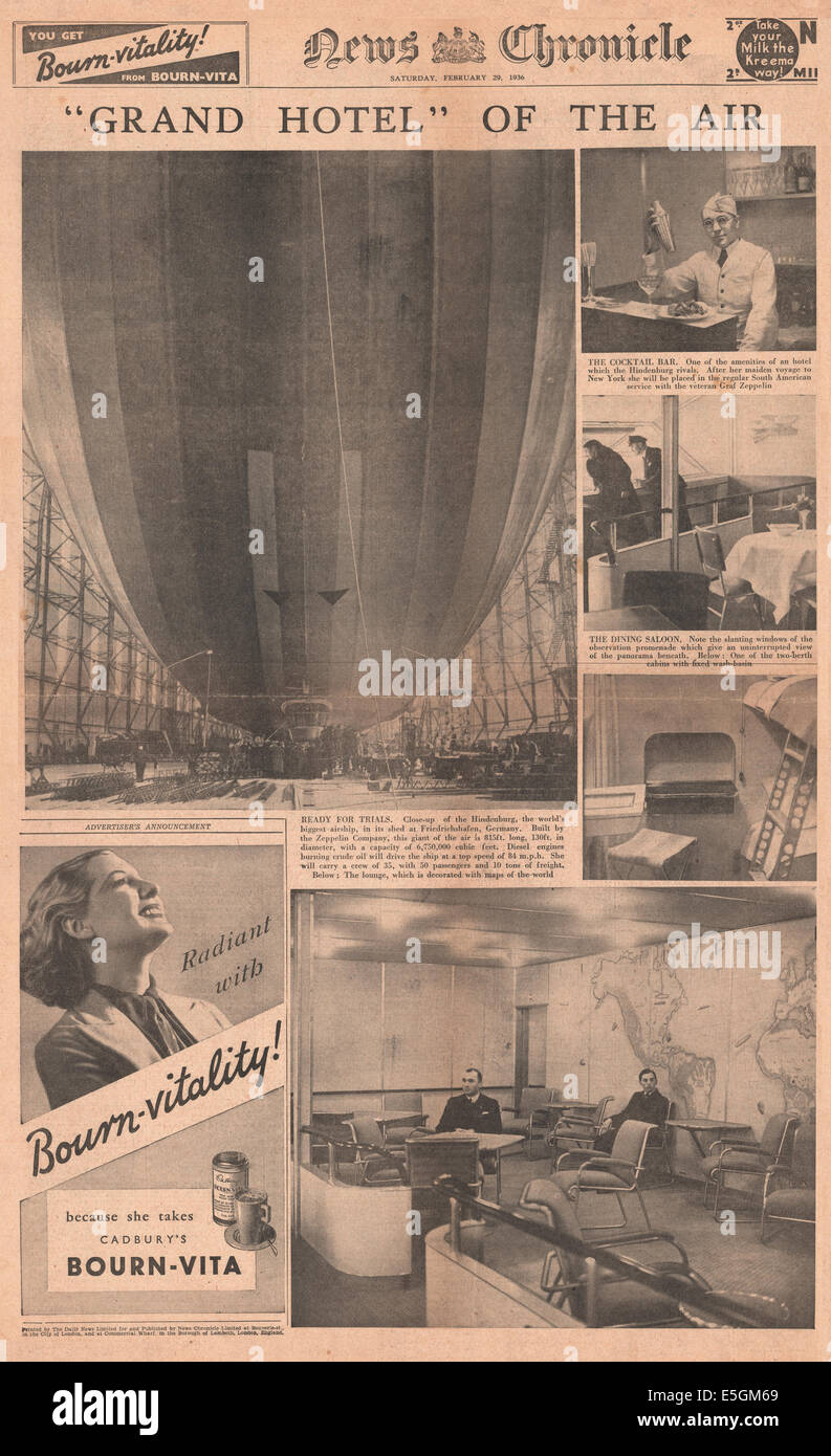 1936 News Chronicle retour page photos montrant l'intérieur de luxe de la nouvelle zeppelin Hindenburg juste avant son premier vol Banque D'Images