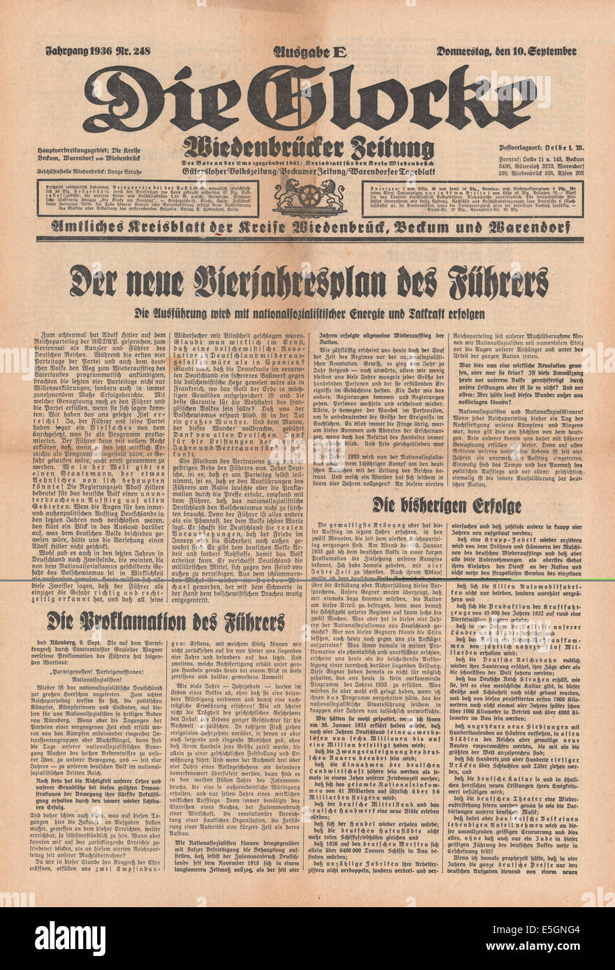 Die Glocke (Allemagne)/la page déclaration d'Adolf Hitler annonce d'un nouveau plan de quatre ans Banque D'Images