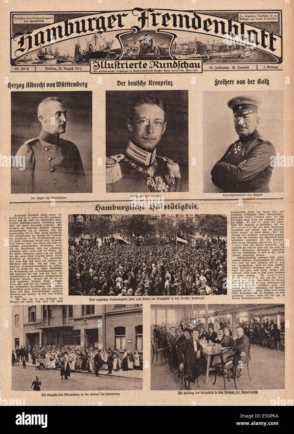 1914 Hamburger Fremdenblatt front page montrant l à r. Duc Albrecht von Württemberg, le Prince Wilhelm et le Maréchal Général Freiherr von der Goltz Banque D'Images