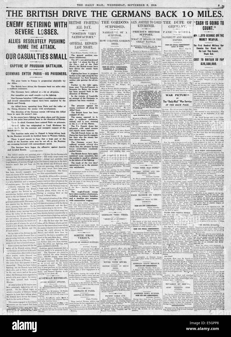 1914 Daily Mail page 5 rapports l'armée allemande en retraite sur le front de l'ouest Banque D'Images