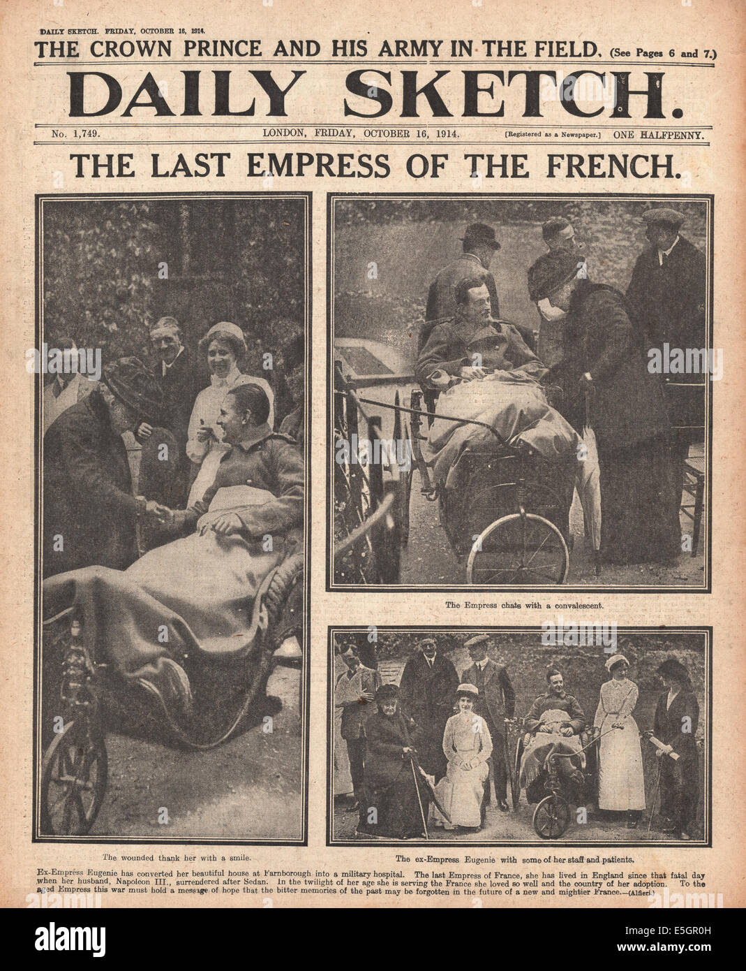 1914 Daily Sketch/Ex-Empress la page déclaration d'Eugenie France parler aux soldats blessés dans la famille d'accueil Banque D'Images