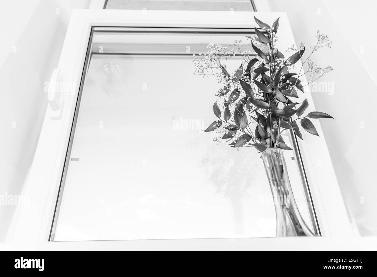 Photo en noir et blanc d'une fenêtre avec un bouquet sur un rebord de fenêtre Banque D'Images