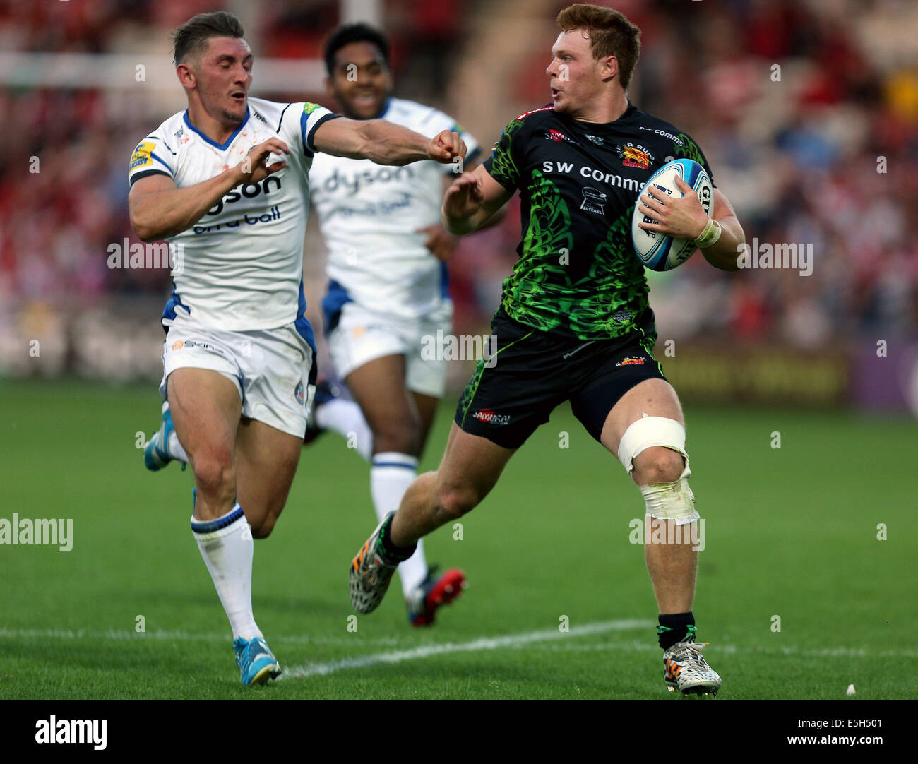 Gloucester, Royaume-Uni. 31 juillet, 2014. Premiership Rugby à 7. Groupe B : Exeter Chiefs contre Bath Rugby. Stuart Townsend d'Exeter se détache plus Sport Action Crédit : Images/Alamy Live News Banque D'Images