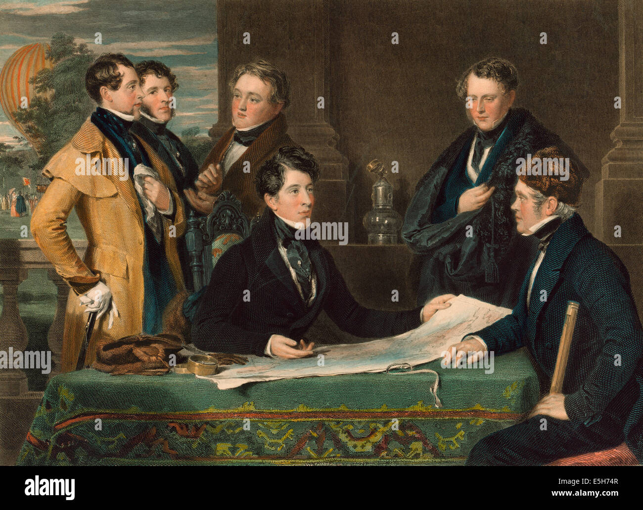 Une précédente consultation à un voyage aérien de Londres à Weilburg à Nassau sur le 7e jour de novembre 1836. Portrait de groupe avec ballon à l'arrière-plan de (de gauche à droite) W. Prideaux, J. Hollins, W. M. James, Robert Hollond, Charles Green, et Thomas Monck Mason. Hollond a été un promoteur de l'vol de 500 milles prises par Green et Monck Mason dans les jardins de Vauxhall, Londres, qui a battu un record de vol en ballon. Banque D'Images