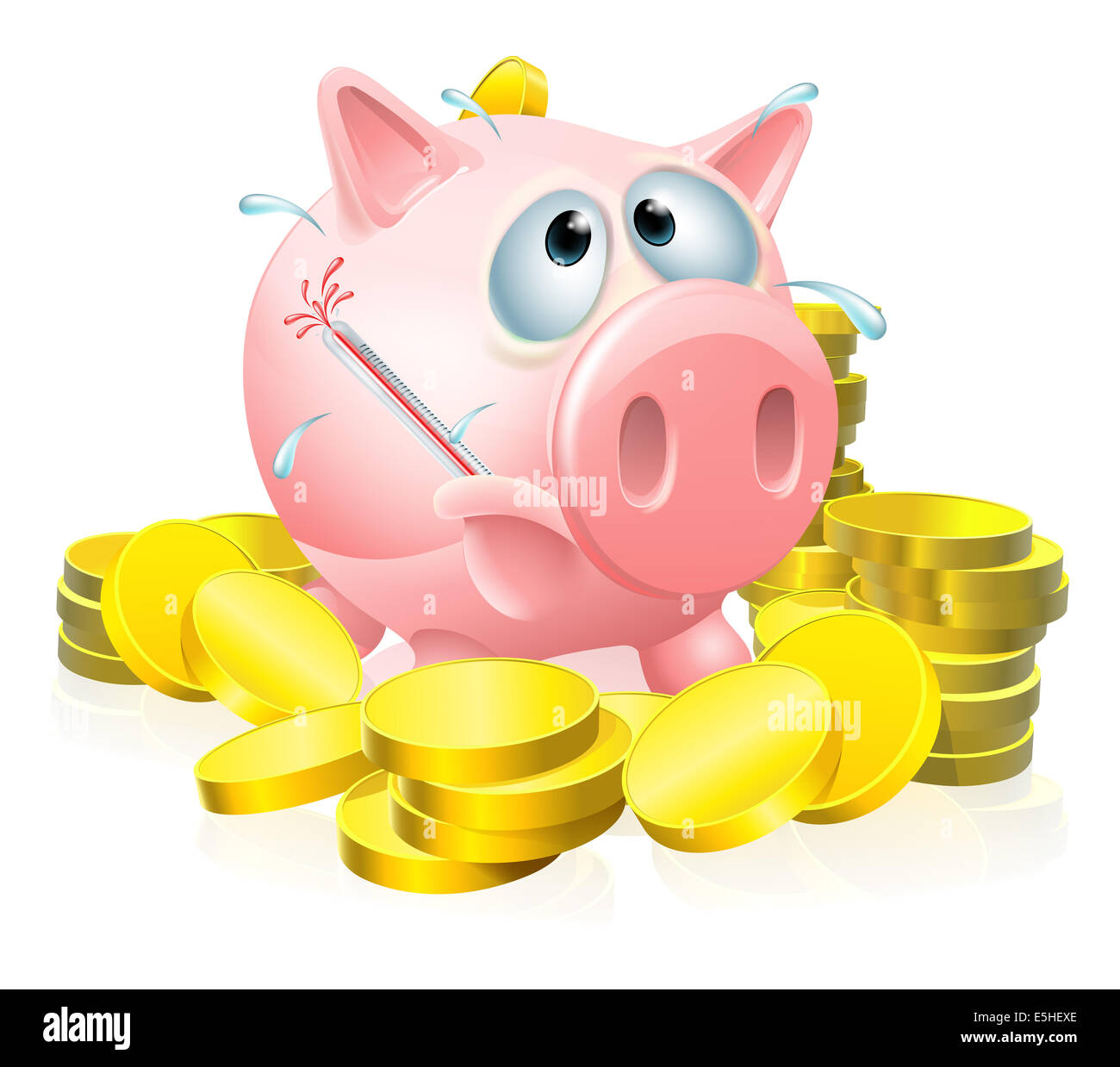 Concept, mal tirelire une tirelire entouré par des pièces d'or de la transpiration avec une fièvre et provoquant un thermomètre à crever Banque D'Images