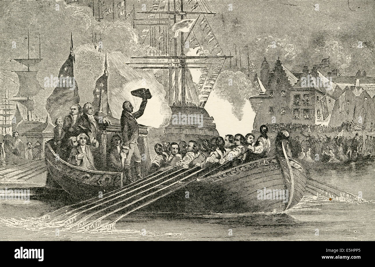 Gravure ancienne 1895, "l'inauguration de George Washington Voyage. L'arrivée à New York.' Banque D'Images