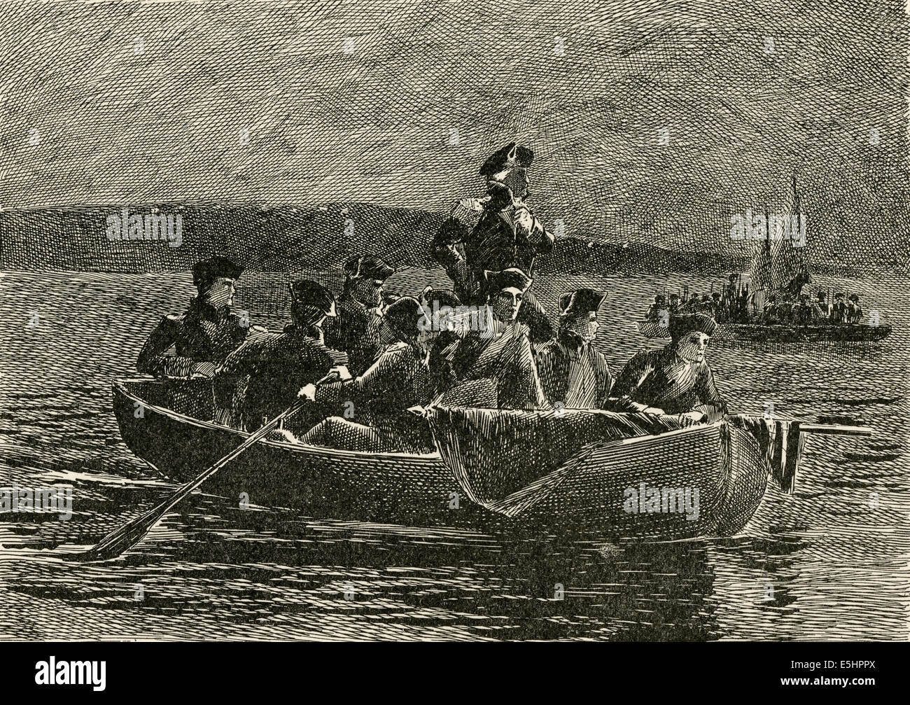 Gravure ancienne 1895, 'Le dernier bateau. George Washington lors de la retraite de Brooklyn." Banque D'Images