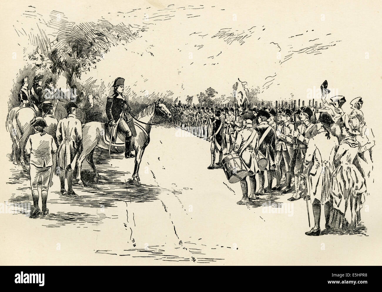 Gravure ancienne 1895, "sous l'orme sur Cambridge Common, le général Washington a pris le commandement de l'armée américaine." Banque D'Images