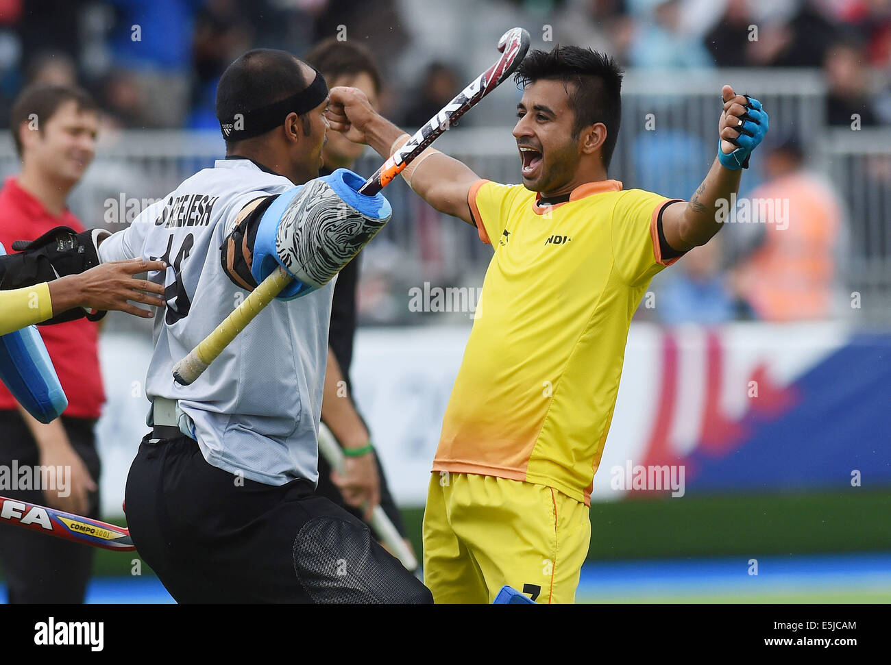 Glasgow, Ecosse. 07 août, 2014. Manpreet Singh de l'Inde célèbre la défaite de la Nouvelle-Zélande. La Nouvelle-Zélande et l'Inde Semi finale match au Stade National de Hockey de Glasgow. Jeux du Commonwealth 2014 à Glasgow. Credit : Action Plus Sport/Alamy Live News Banque D'Images