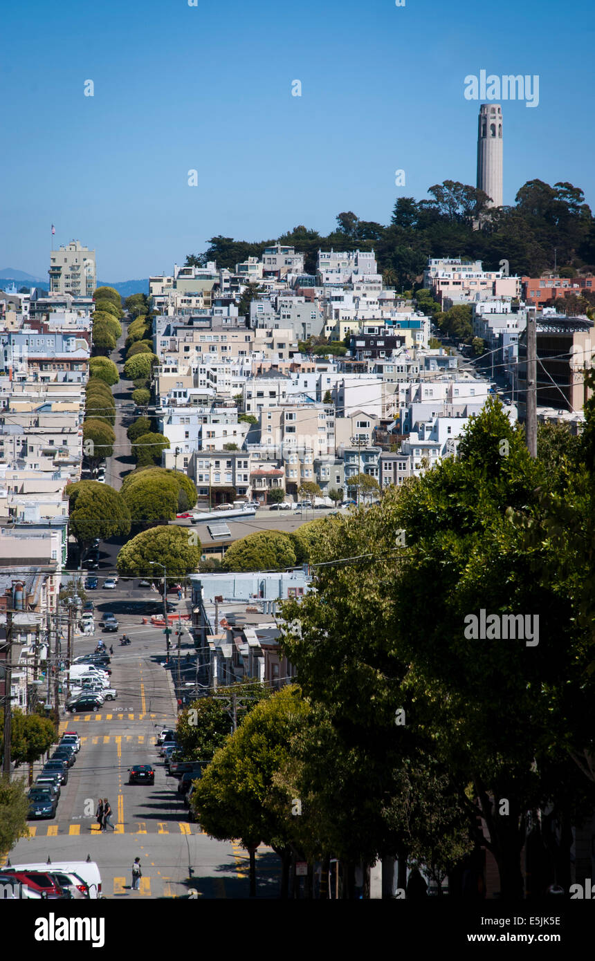 Vue de la Coit Tower, également connu sous le nom de Lillian Coit Memorial Tower, Telegraph Hill de San Francisco, Californie Banque D'Images