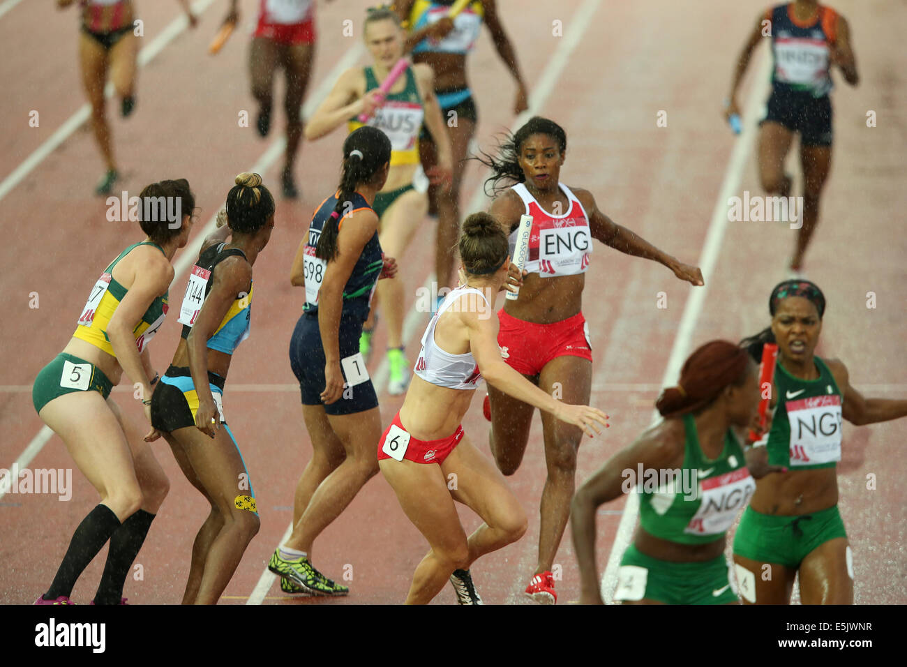 Glasgow Hampden Park 2 août 2014. Journée des Jeux du Commonwealth 10 Athlétisme. Les femmes du 4x400m relais final. 1er - 2e - la Jamaïque ; Nigeria ; 3e - France Crédit : ALAN OLIVER/Alamy Live News Banque D'Images